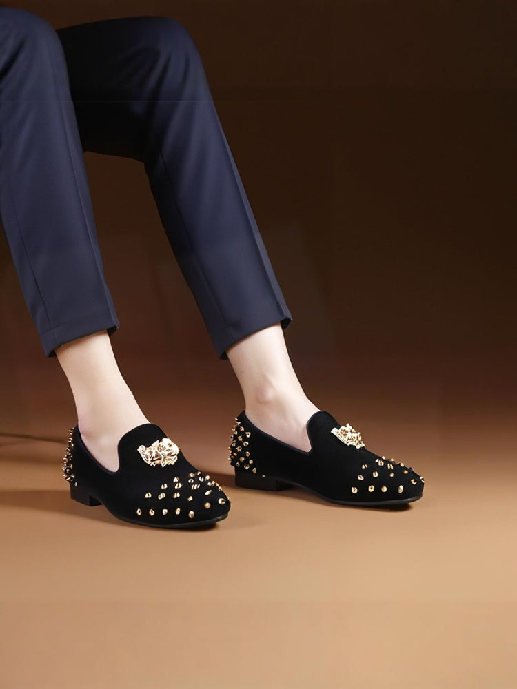 New European and American big-name PP tiger head buckle men's loafers handmade front and rear rivets velvet slip-on shoes