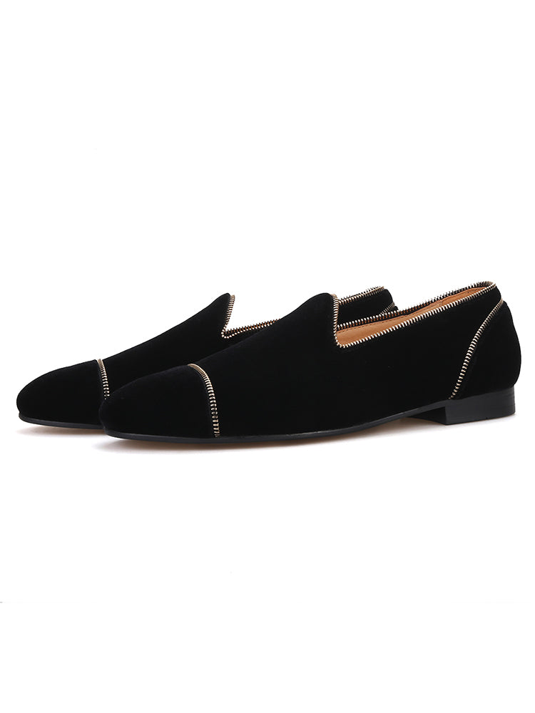 New men's handmade velvet loafers with exquisite zipper design European and American classic slip-on smoking shoes large size