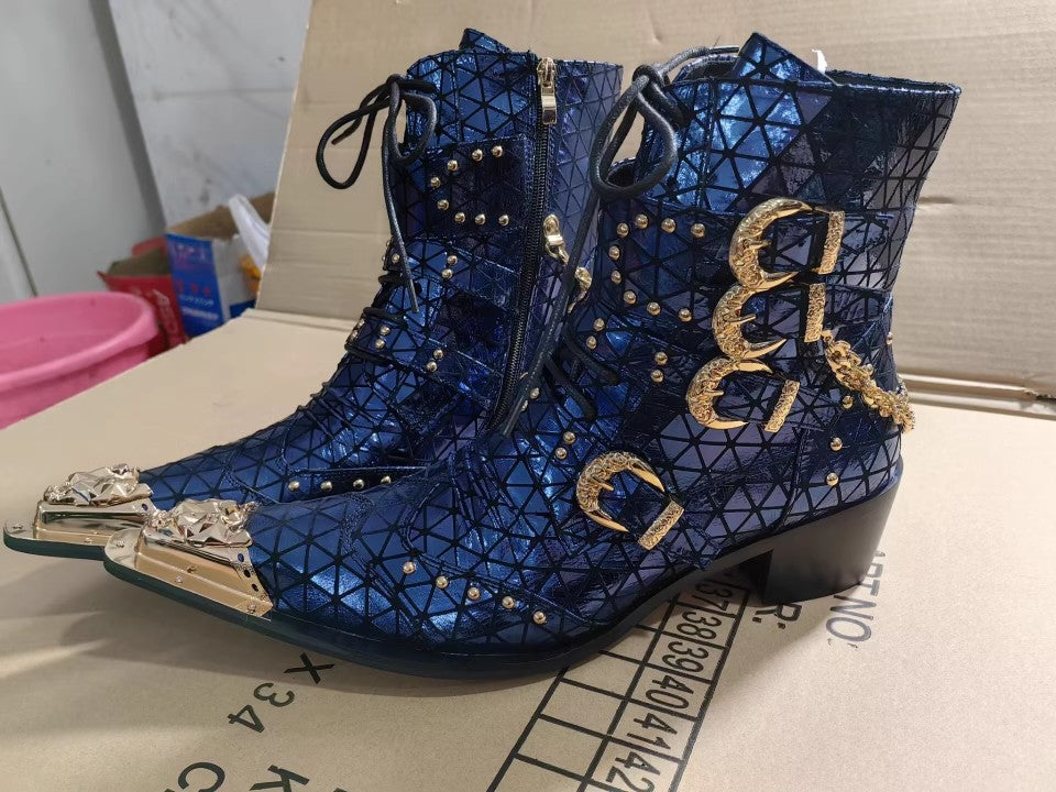 2024 new European and American autumn and winter side zipper solid color men's gold metal square heel winter trend pointed Martin boots large size
