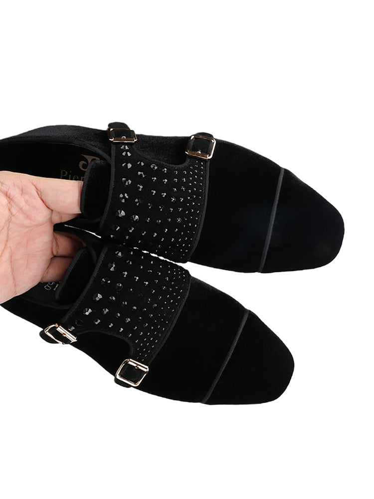 Luxurious trendy black velvet men's double buckle shoes, artificial crystal decoration, comfortable slip-on business loafers