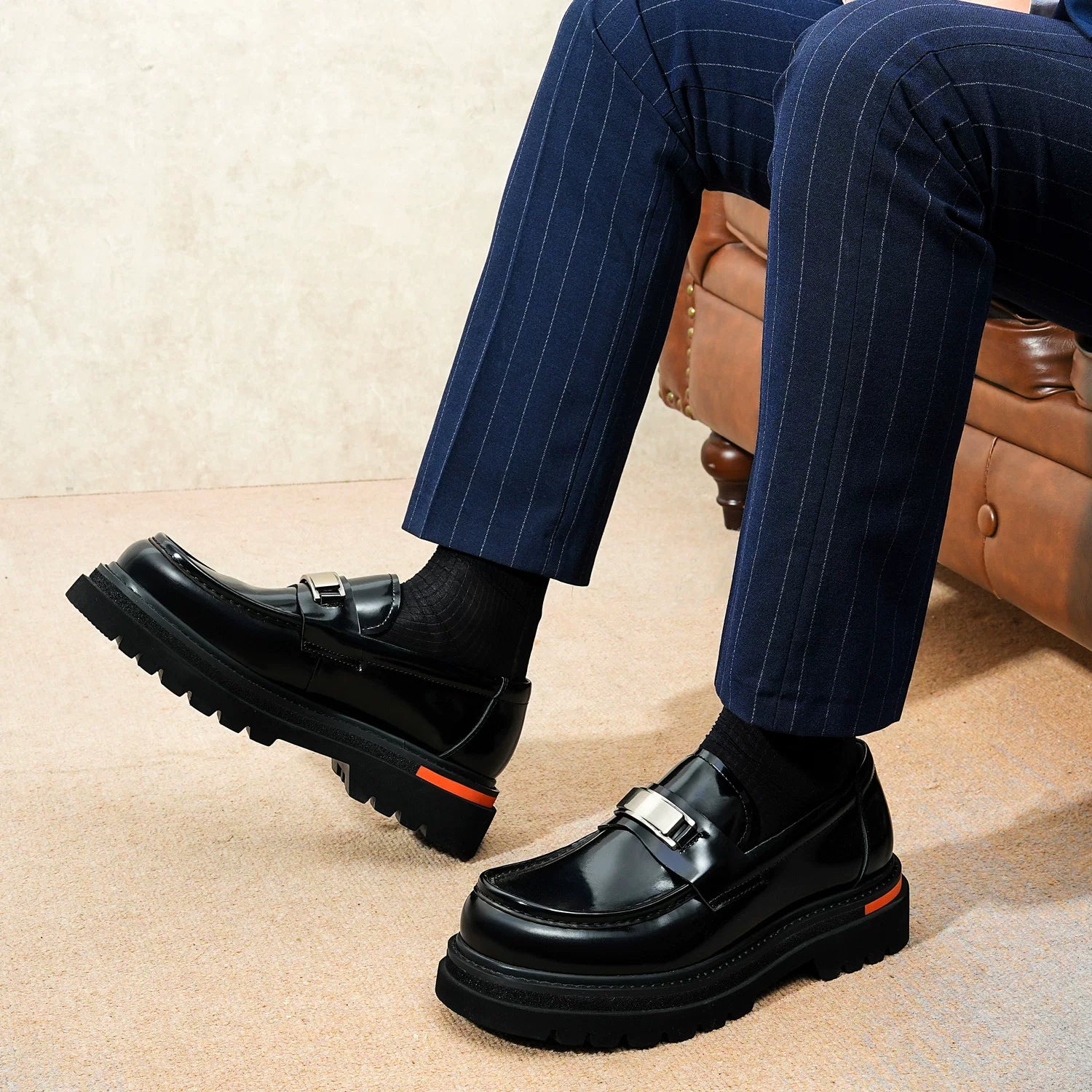 Men's Genuine Leather Loafers, Height Increasing, Thick Sole