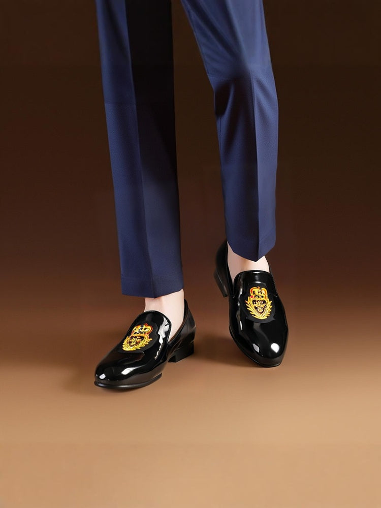New men's genuine leather patent leather loafers imported crown Indian silk trendy wedding banquet slip-on formal shoes