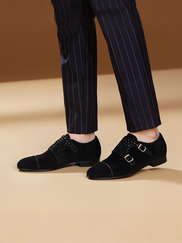 Luxurious trendy black velvet men's double buckle shoes, artificial crystal decoration, comfortable slip-on business loafers