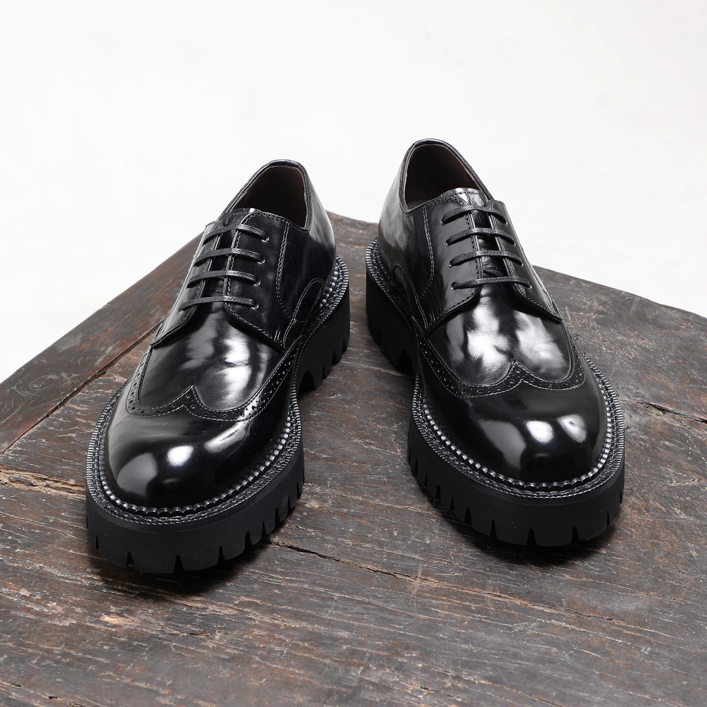 Men's Black Genuine Leather Derby Shoes, Height Increasing, Thick Sole