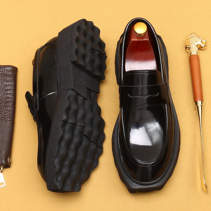 Men's Genuine Leather Loafers, Height Increasing, Thick Sole