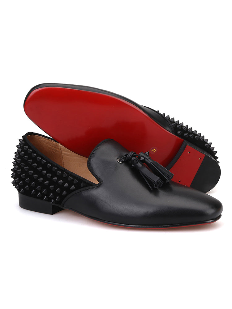 Summer men's slip-on set of handmade banquet loafers with toe layer cowhide leather tassels and toe layer frosted leather rivets