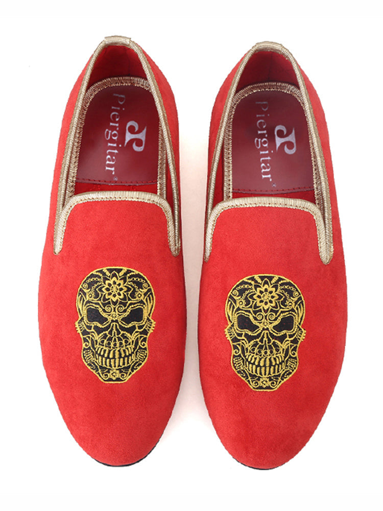 Pilgida imported red velvet men's embroidered shoes handmade slip-on loafers large size smoking shoes