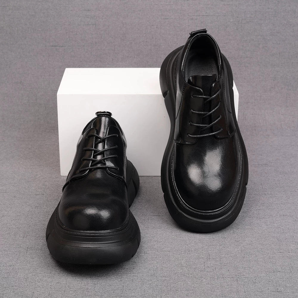 Men's Black Derby Shoes, Height Increasing, Thick Sole