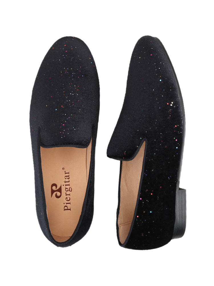 Flash diamond design black velvet men's loafers wedding party European and American style smoking shoes summer breathable leather lining