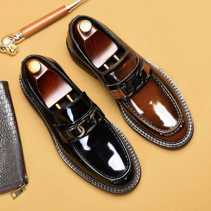 Men's Genuine Leather Loafers, Thick Sole, Patent Leather
