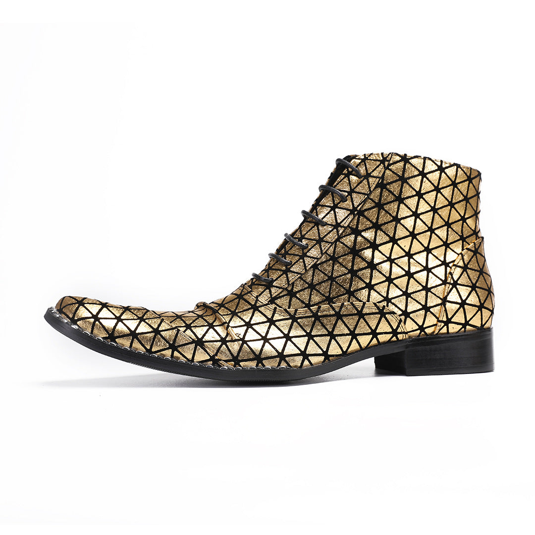 Men's Gold Leather Boots – British Style, Height Increasing