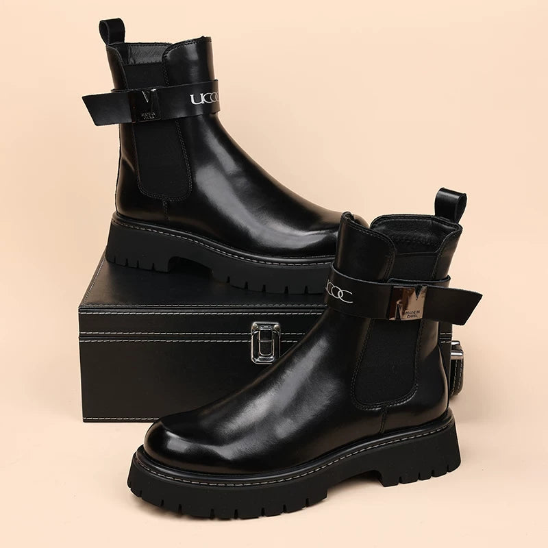 Men's Black Martin Boots, Height Increasing, Thick Sole