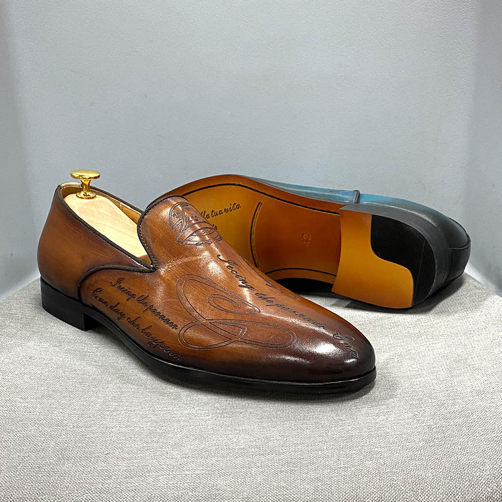 Italian Style Hand-Painted Letters Men's Shoes Genuine Leather Dress Shoes Men's Loafer Slip-on Business Casual Pumps
