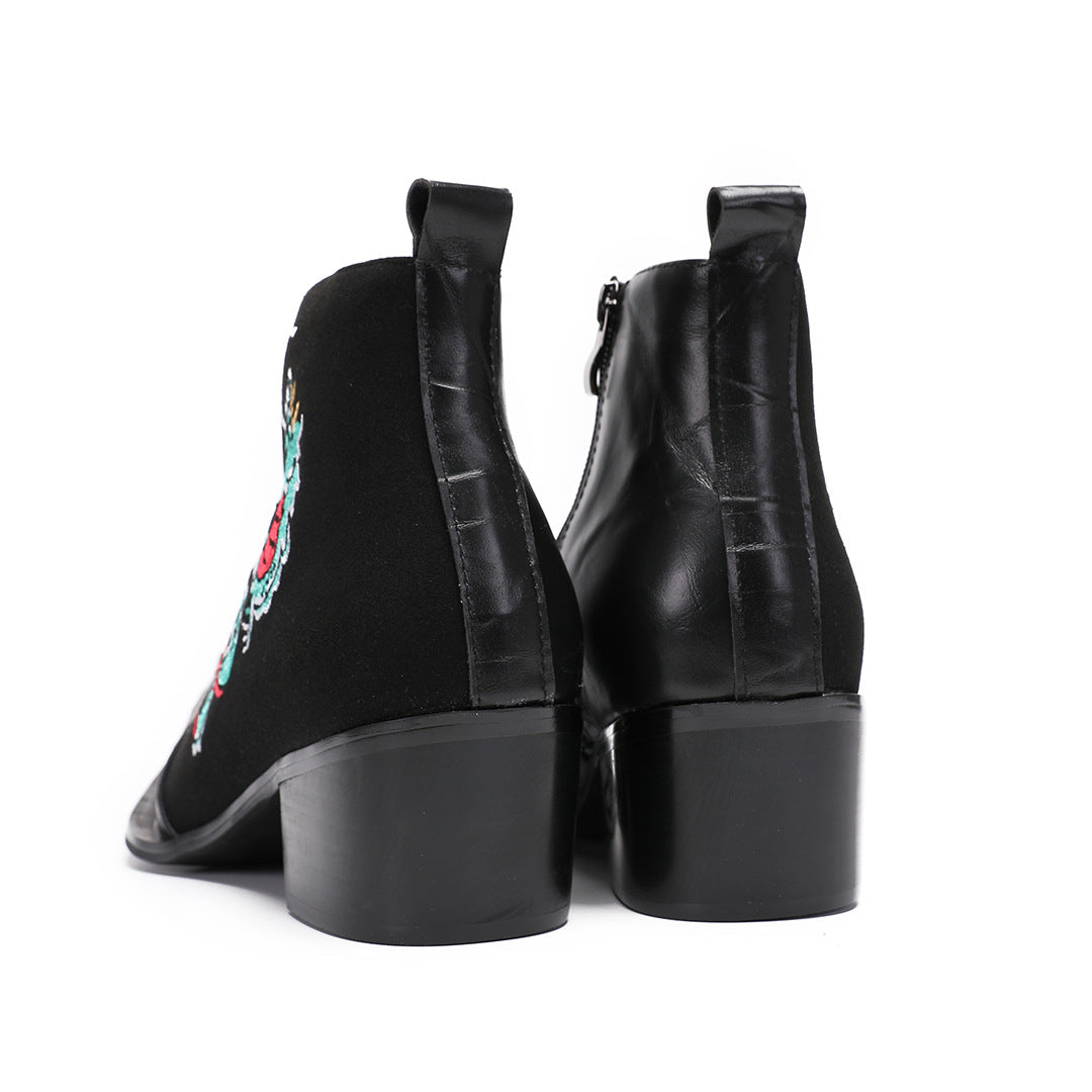 Martin boots brand western cowboy boots side zipper V-mouth embroidery sleeve knight boots retro medium tube square head riding boots