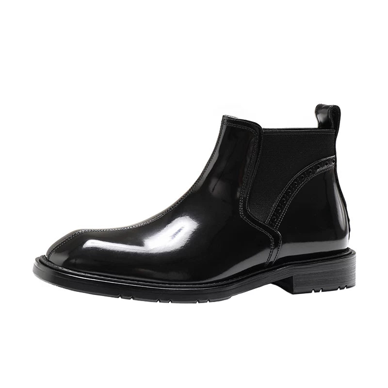 Men's Genuine Leather Chelsea Boots, Square Toe, Glossy