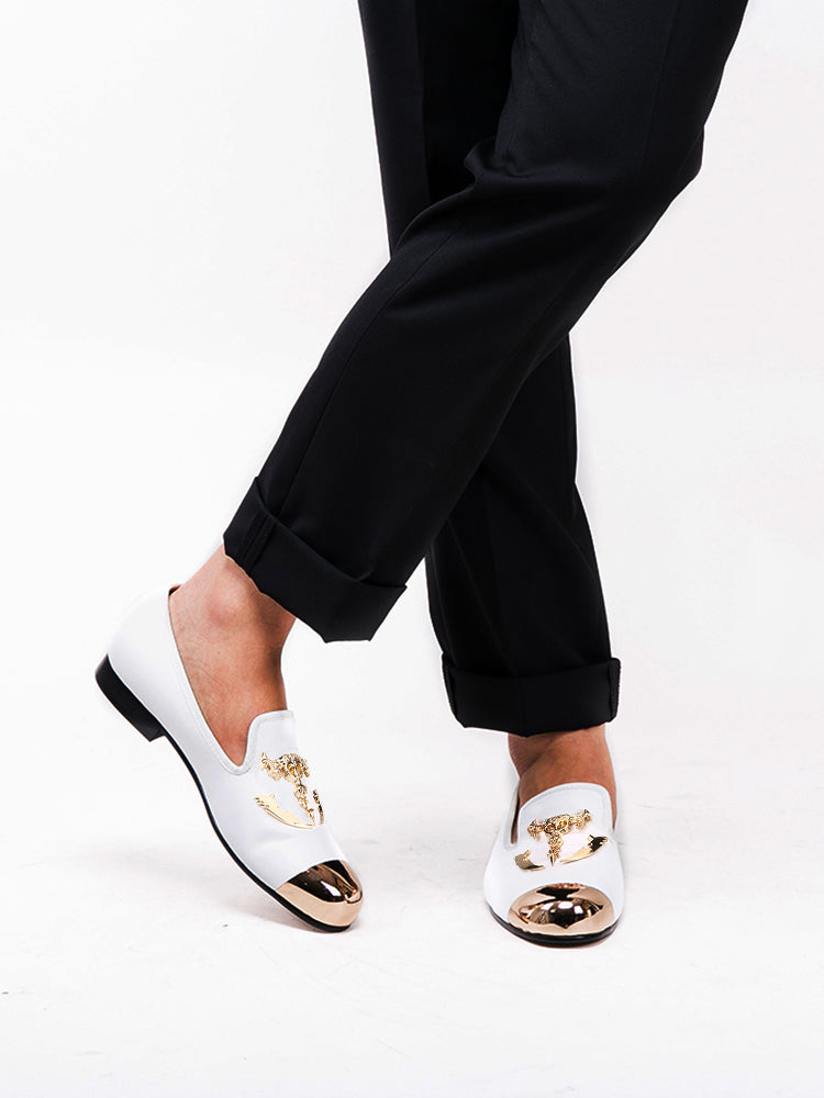 Handmade white wrinkled patent leather men's skull gold head loafers European and American big-name trendy slip-on low-cut shoes