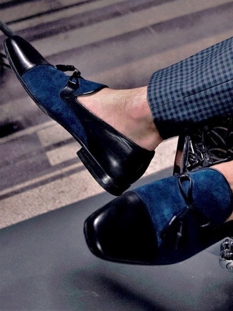Italian design dark blue nubuck leather stitching black cowhide men's loafers handmade tassel smoking shoes