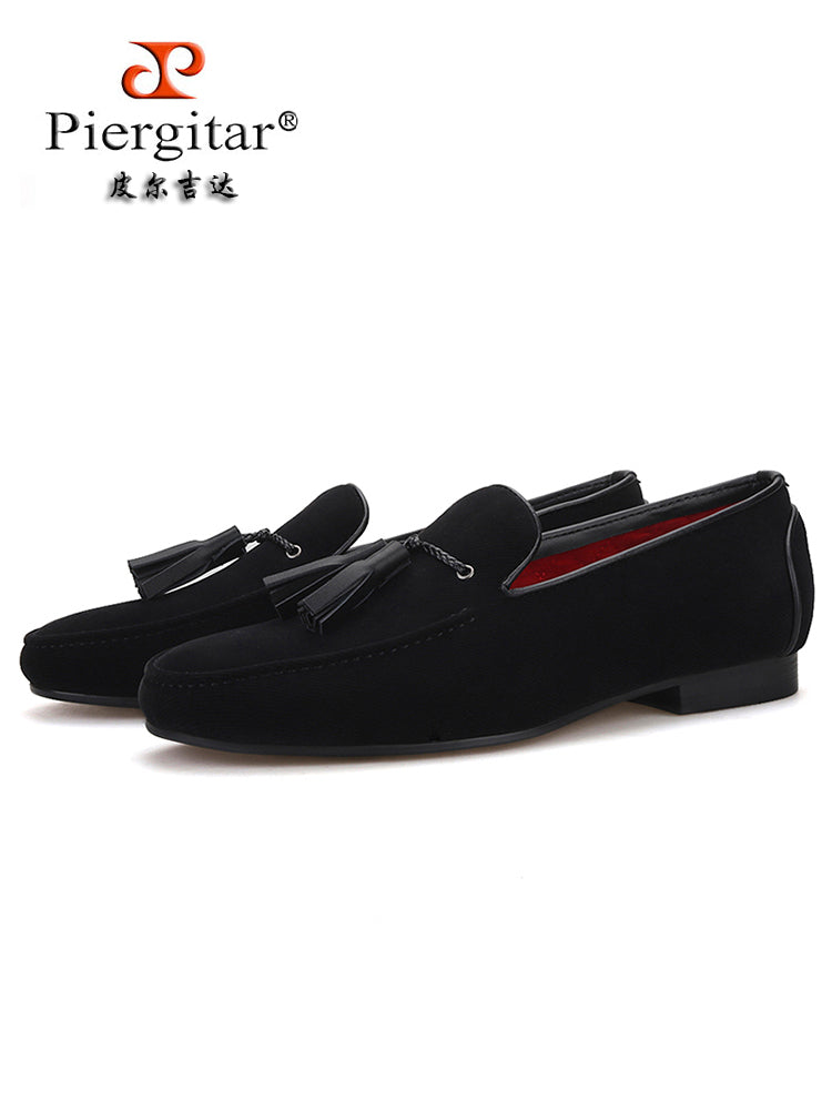 New star catwalk style black cotton leather tassel men's shoes British casual style loafers slip-on shoes