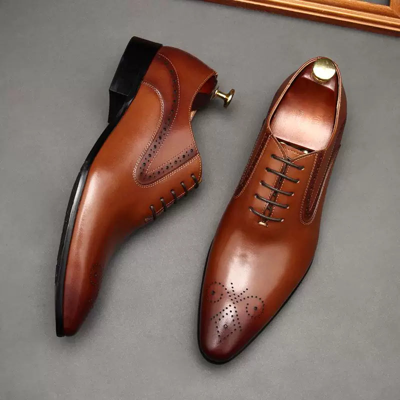 Men's Genuine Leather Derby Shoes, Pointed Toe, Lace-Up
