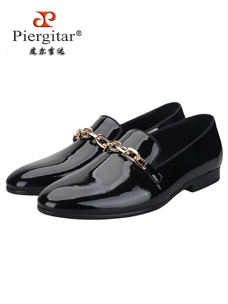 Foreign trade source factory black first-layer cowhide patent leather slip-on loafers metal chain buckle trendy formal shoes