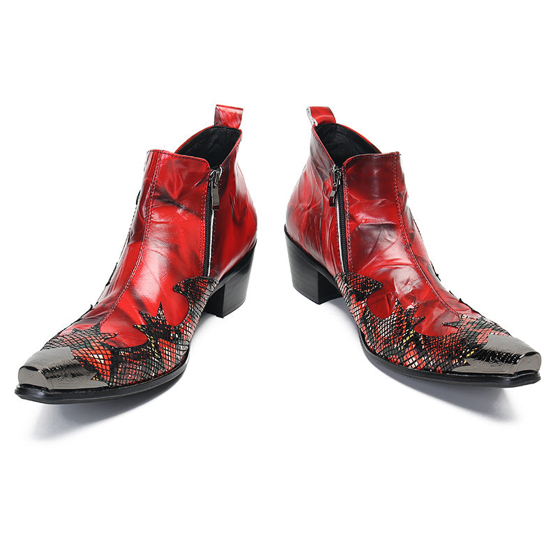 Chinese red printed work boots American retro men's boots high-top Martin boots increased pointed toe men's short boots Roman style