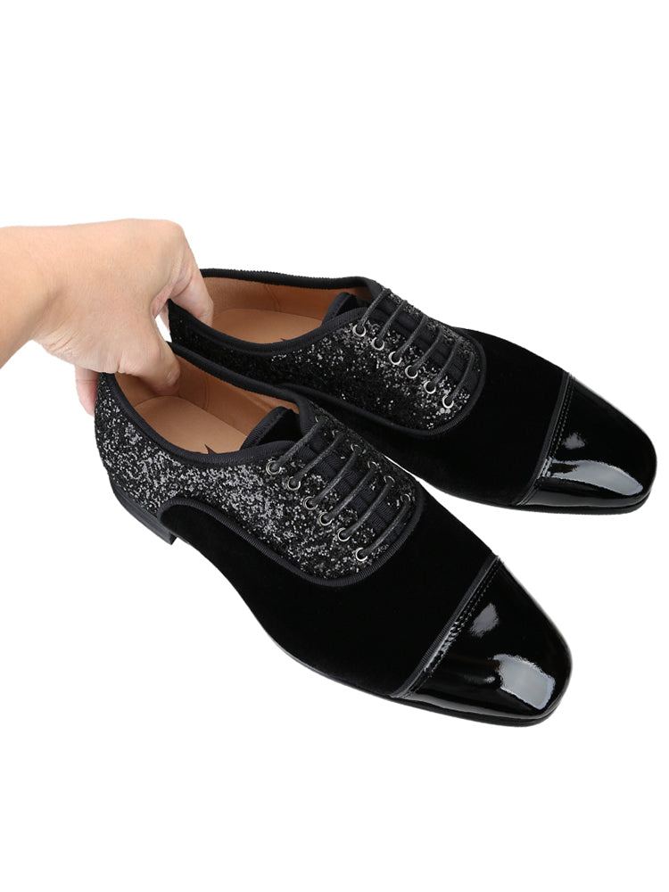 Handmade velvet patent leather sequin cloth three-material splicing men's lace-up Oxford shoes red sole formal shoes for men