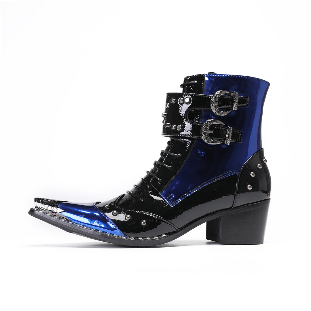 British style special-shaped with square head patent leather short boots plus size 44 45 46 47 48 patent leather thick heel Martin boots blue