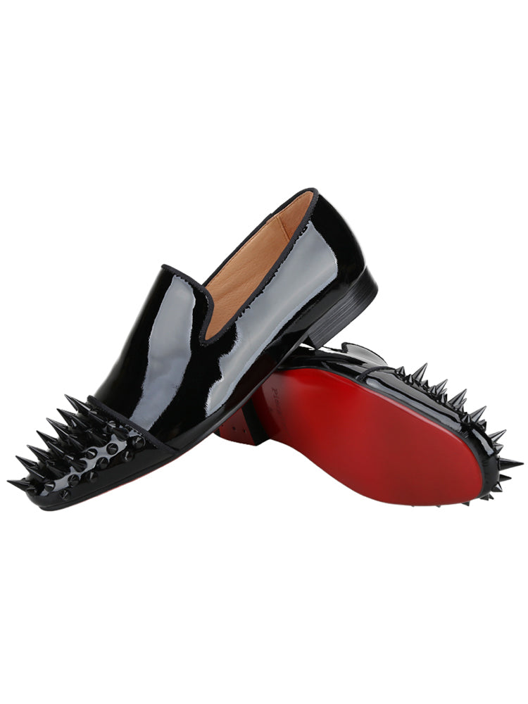 New black patent leather handmade long and short rivet head men's slip-on loafers European and American trendy nightclub style rivet shoes