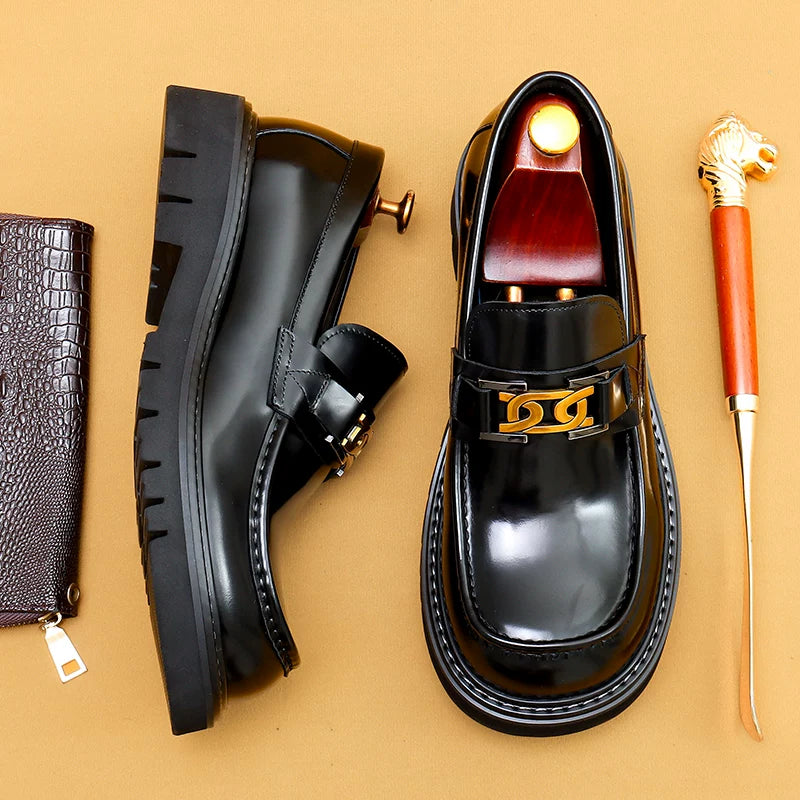 Men's Genuine Leather Loafers, Thick Sole, Patent Leather