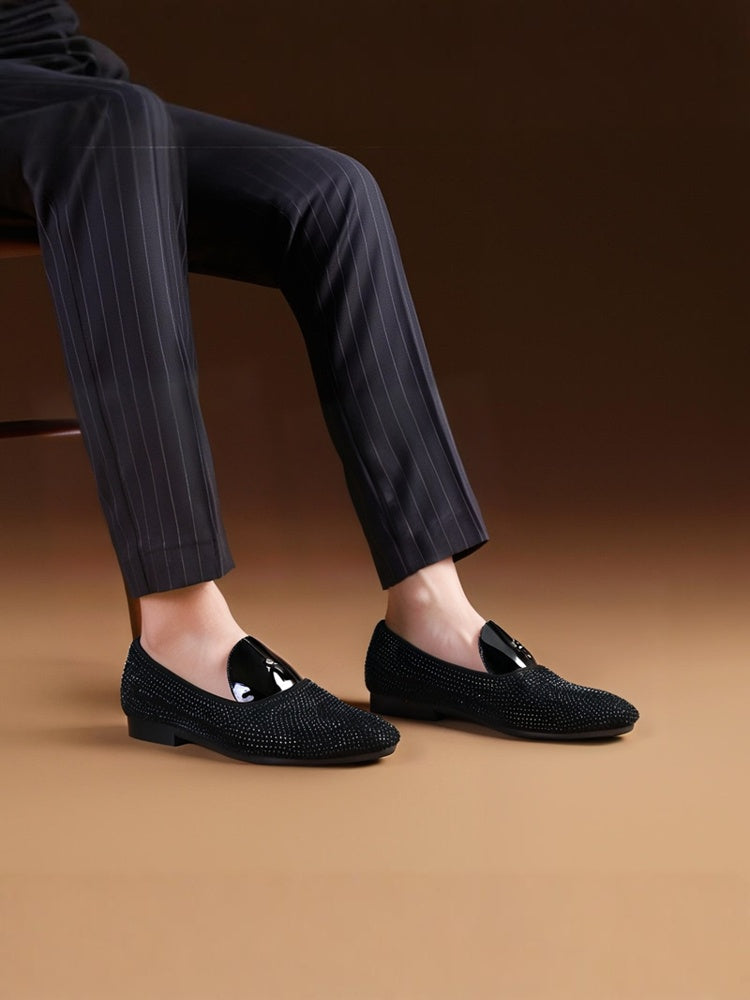 Luxury fashion brand's same style black nubuck leather artificial crystal decorated men's loafers casual versatile moccasin shoes