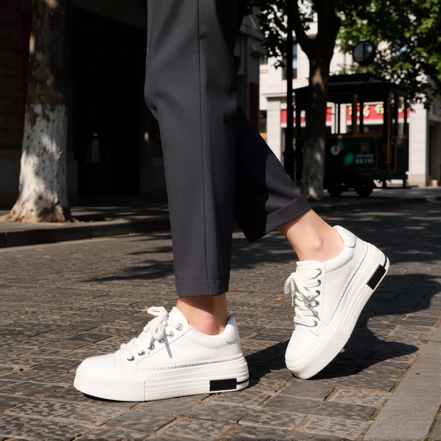 Men's Genuine Leather Skate Shoes, Height Increasing, Thick Sole