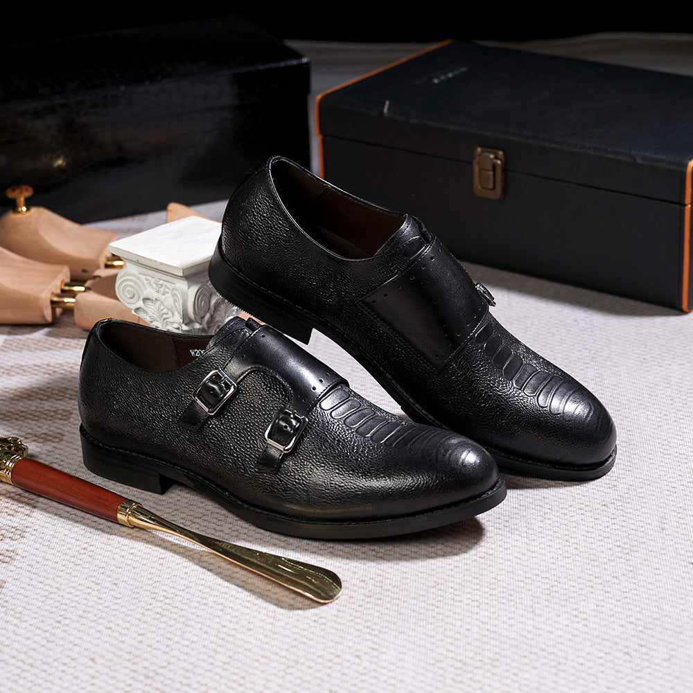 Cross-Border Double Buckle Monk Shoes Men's Goodyear Men's Suit Shoes Men's Slip-on Pointed Handmade Leather Shoes Men