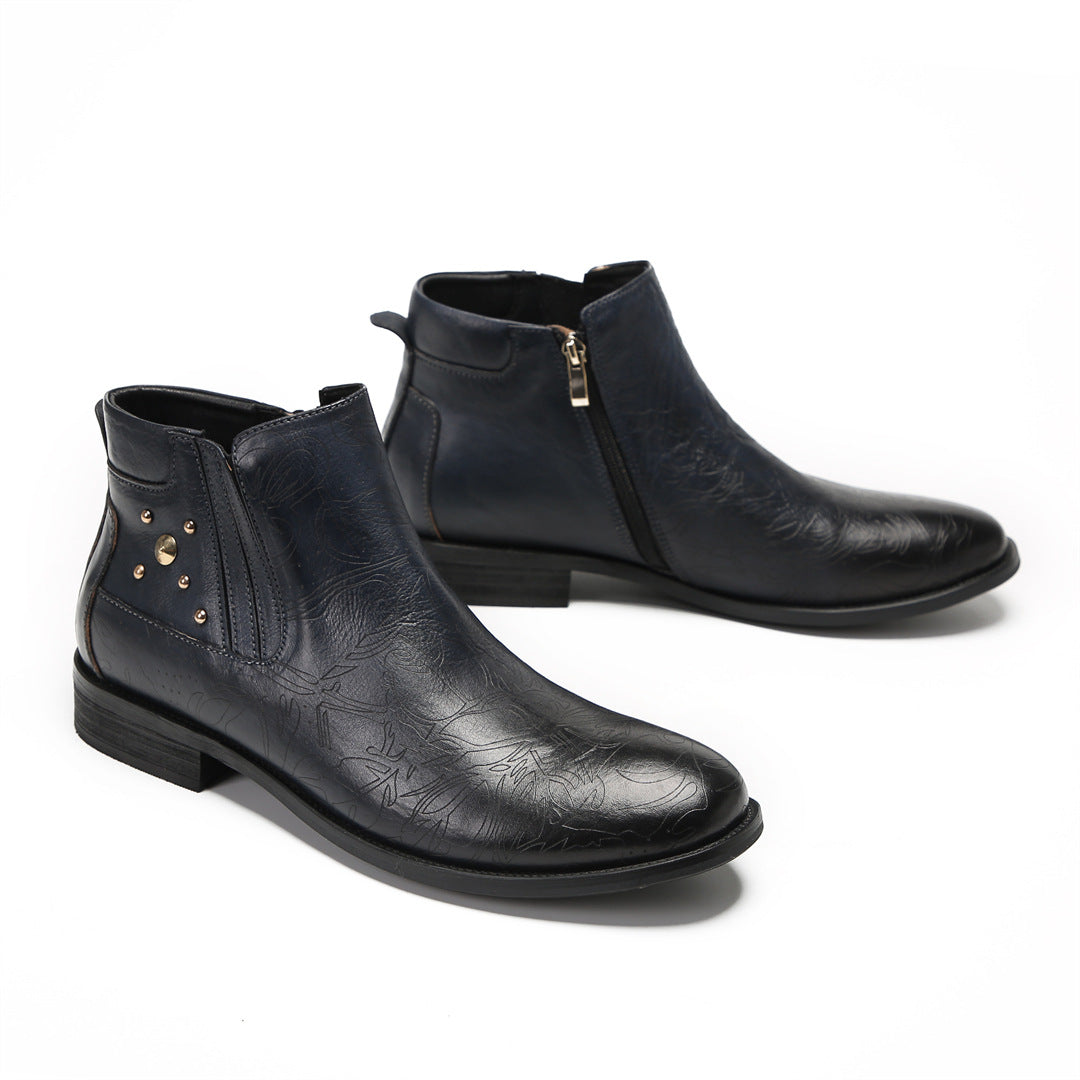British Round Head Leather Shoes High Top Suit Dress Men's Leather Boots Business Short Boots Handmade Chelsea Boots Men's Soft Surface