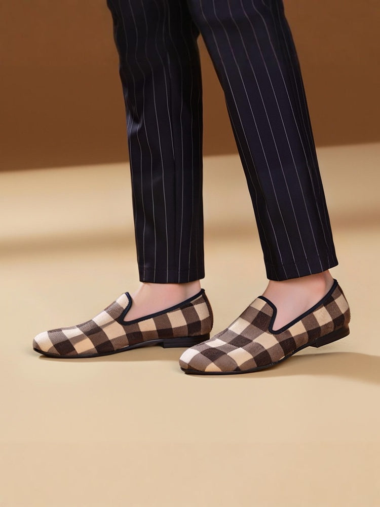 Piergitar's new apricot brown plaid horsehair men's handmade loafers British casual slip-on trendy shoes