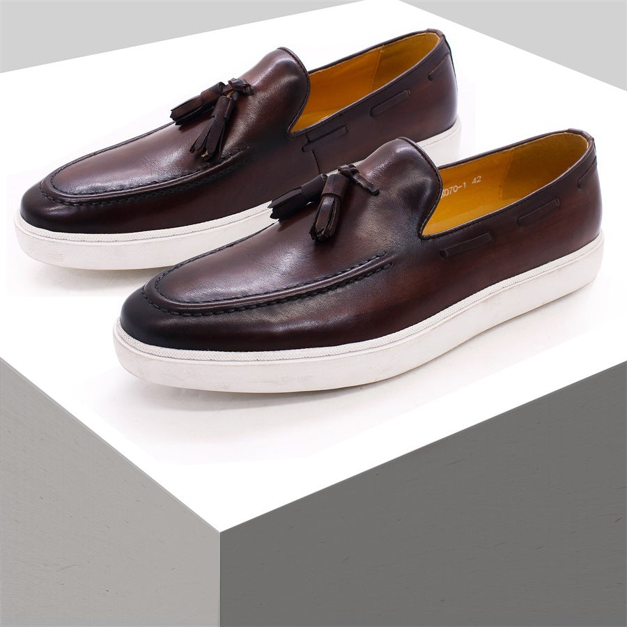 Summer Leather Shoes Men's Casual Leather Shoes Leather Breathable Men's Tassel Loafers Slip-on Daily Flat Sneakers
