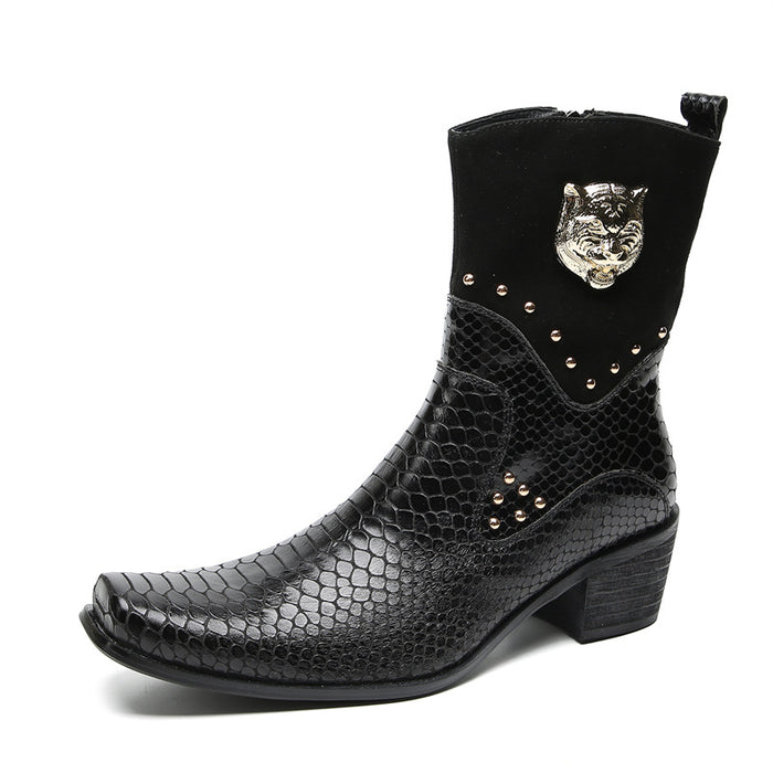 2025 catwalk style belt buckle French boots cowhide low heel men's knight boots European and American street cowhide boots