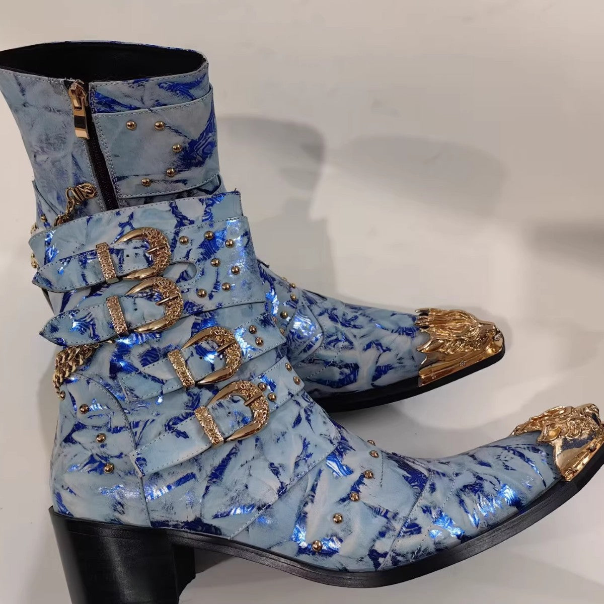 2024 new European and American autumn and winter side zipper solid color men's gold metal square heel winter trend pointed Martin boots large size