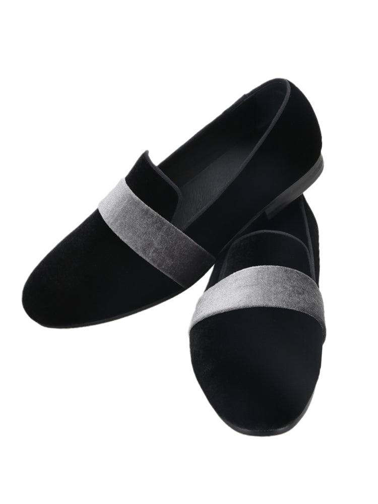 Imported black velvet spliced with gray velvet wedding banquet catwalk loafers British style elegant men's smoking shoes