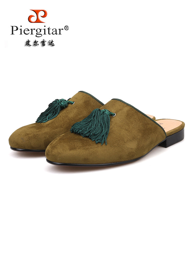Summer new style European and American style slip-on tassel trendy slippers imported frosted velvet round mouth banquet loafers with leather lining