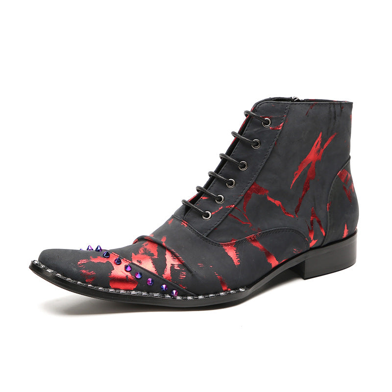Men's leather thick-soled casual Martin boots lace-up British inner heightening business pointed-toe short boots plus velvet high-top leather shoes