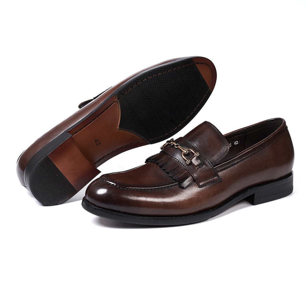 Classic Retro First Layer Cowhide Black Leather Shoes Men's Tassel Business Suit Summer Slip-on Men's Loafers