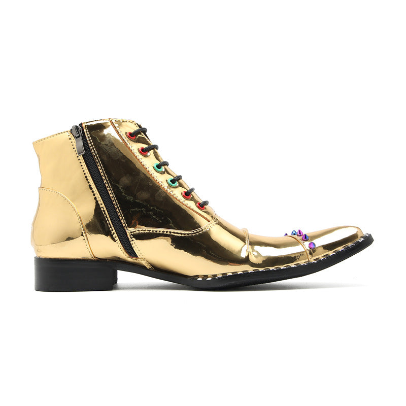 Men's Gold Leather Martin Boots – Lace-Up, Height Increasing