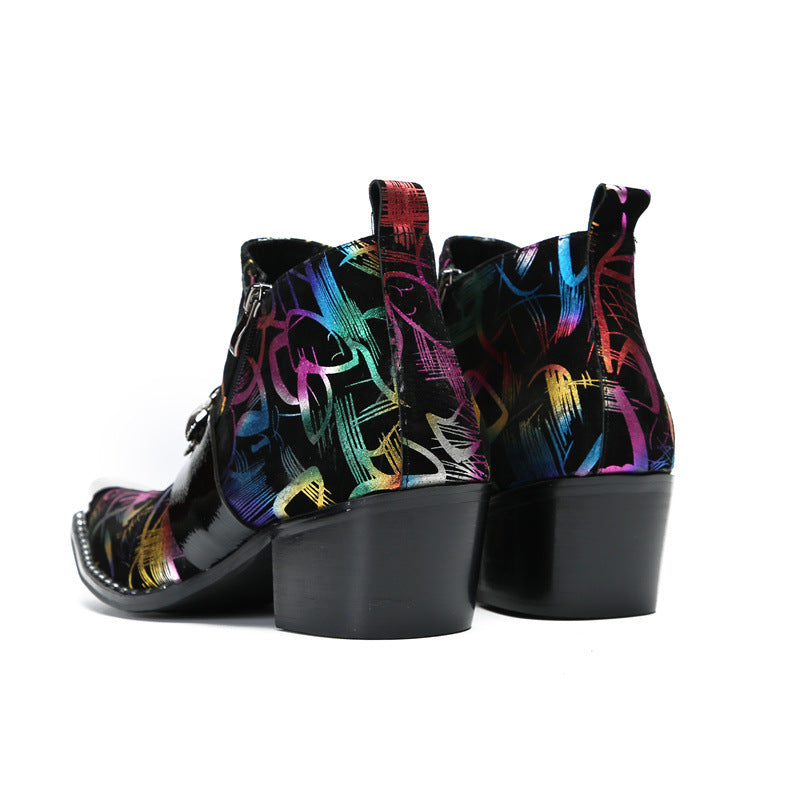 Senlu cowhide Chelsea boots British short boots brogue pointed toe handmade leather boots leather boots trendy foreign trade printing
