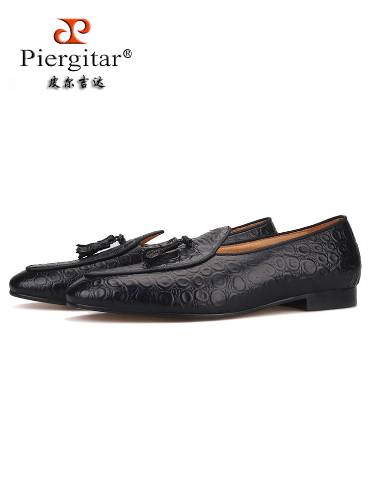 European and American style handmade custom black embossed cowhide trendy loafers party wedding banquet matching fringed formal shoes men