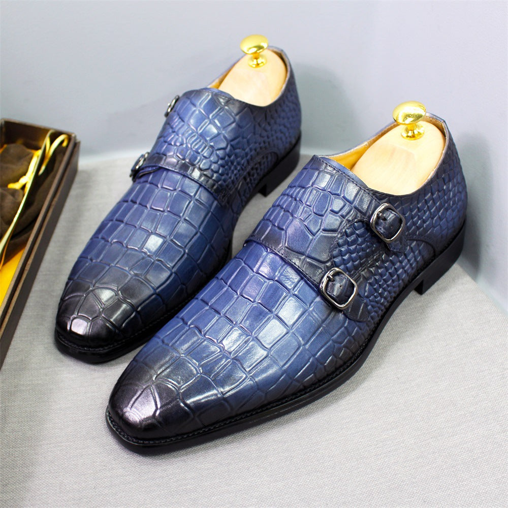 2024 Italy Handmade Genuine Leather Men's Shoes Business Double Buckle Crocodile Pattern Monk Meng Ke Shoe Cover Foot Formal Wear Leather Shoes Men
