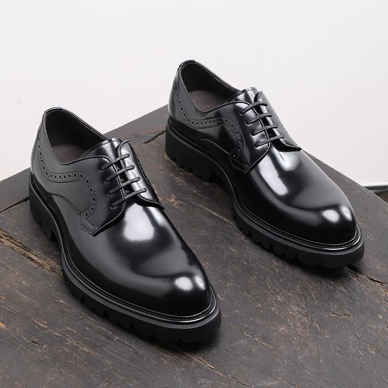 Men's Genuine Leather Derby Shoes, Thick Sole, Round Toe
