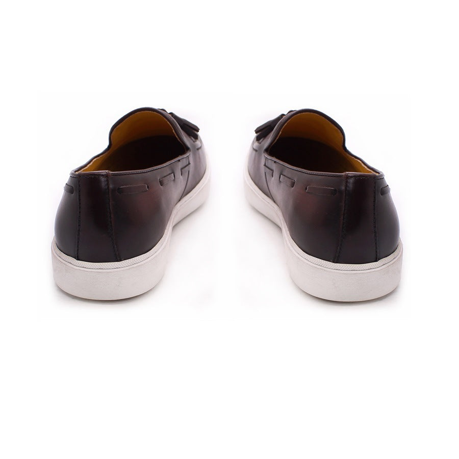 Summer Leather Shoes Men's Casual Leather Shoes Leather Breathable Men's Tassel Loafers Slip-on Daily Flat Sneakers