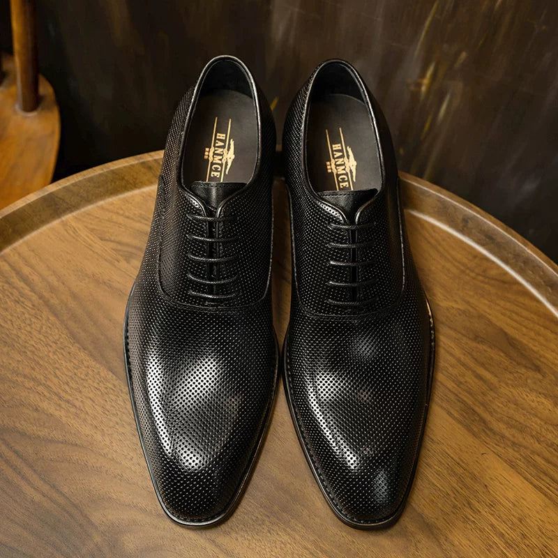 Men's Black Genuine Leather Oxford Shoes, Breathable, Cut-Out