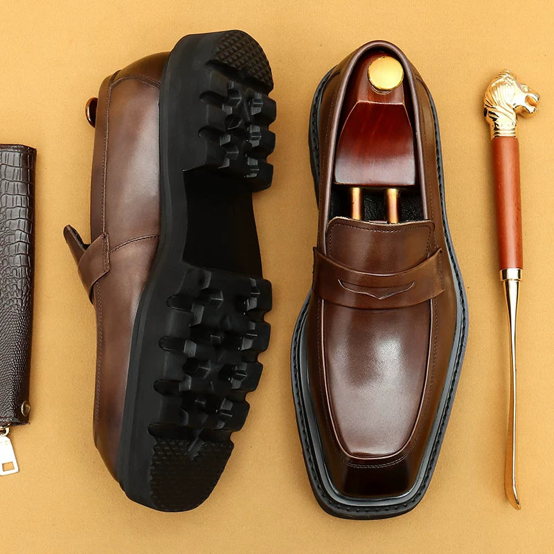 Men's Genuine Leather Loafers, Height Increasing, Thick Sole