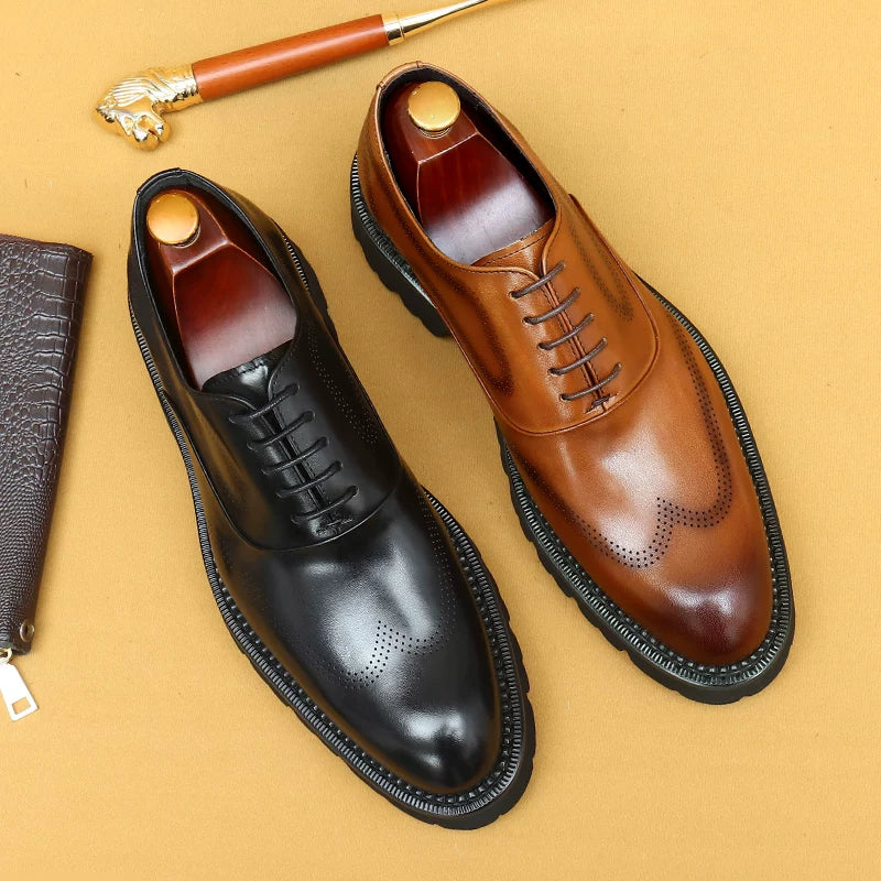 Men's Brown Genuine Leather Leather Shoes, Height Increasing, Thick Sole